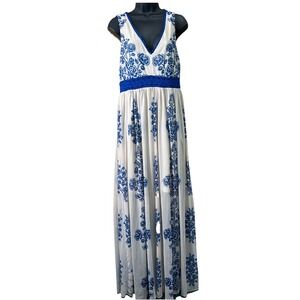 Altar'd State Maxi Dress Womens Large White Blue Floral Crochet Trim Boho V-Neck